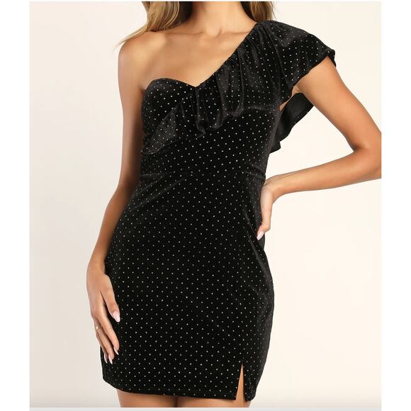 Lulus Pretty Glam Black Velvet Polka Dot One-Shoulder Mini Dress - Picture 2 of 10